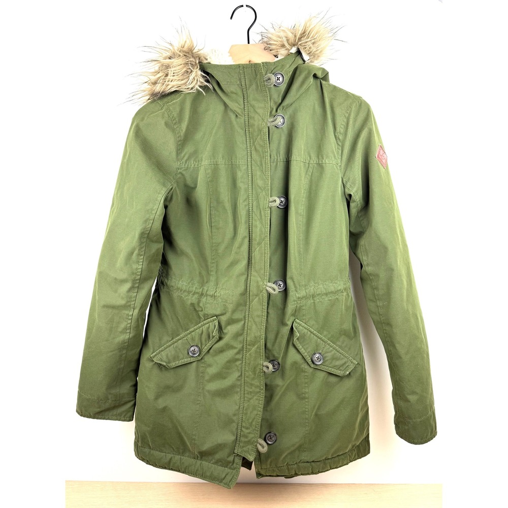 Hollister Women's Green Fur Hood‎ Parka Jacket Size S Sherpa Lined Winter Coat